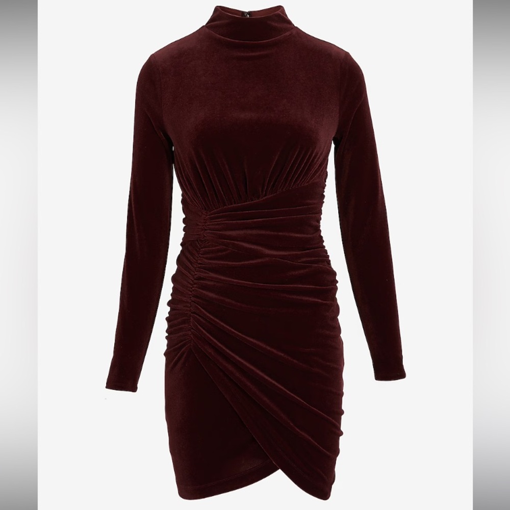 Velvet Body Contour Mock Neck Ruched Mini Dress